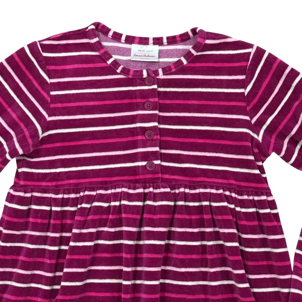 Hanna Andersson Girl Velour Striped Henley Dress Berry Purple Pink Size 10 140cm
